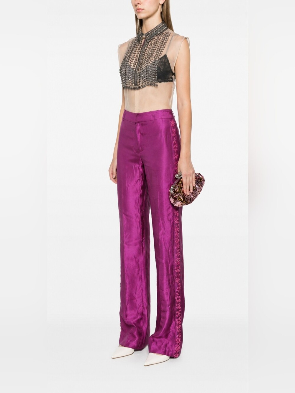 Tailored Pink Satin Tuxedo Wide Leg Pants M